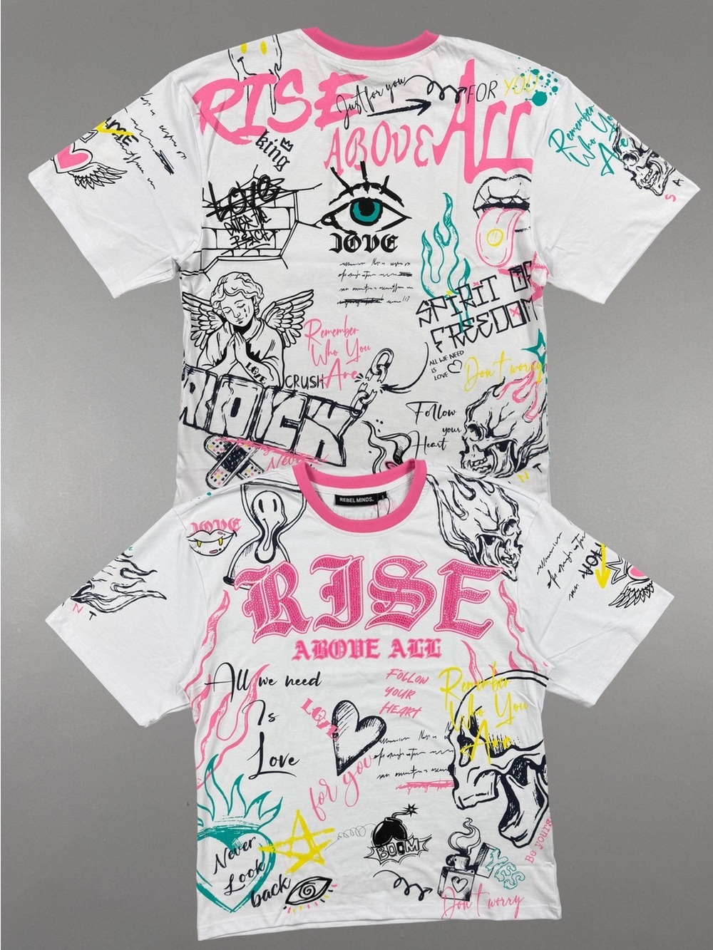 Rebel Minds Rise Above All Rhinestone Graphic T-Shirt White Pink Large NWOT